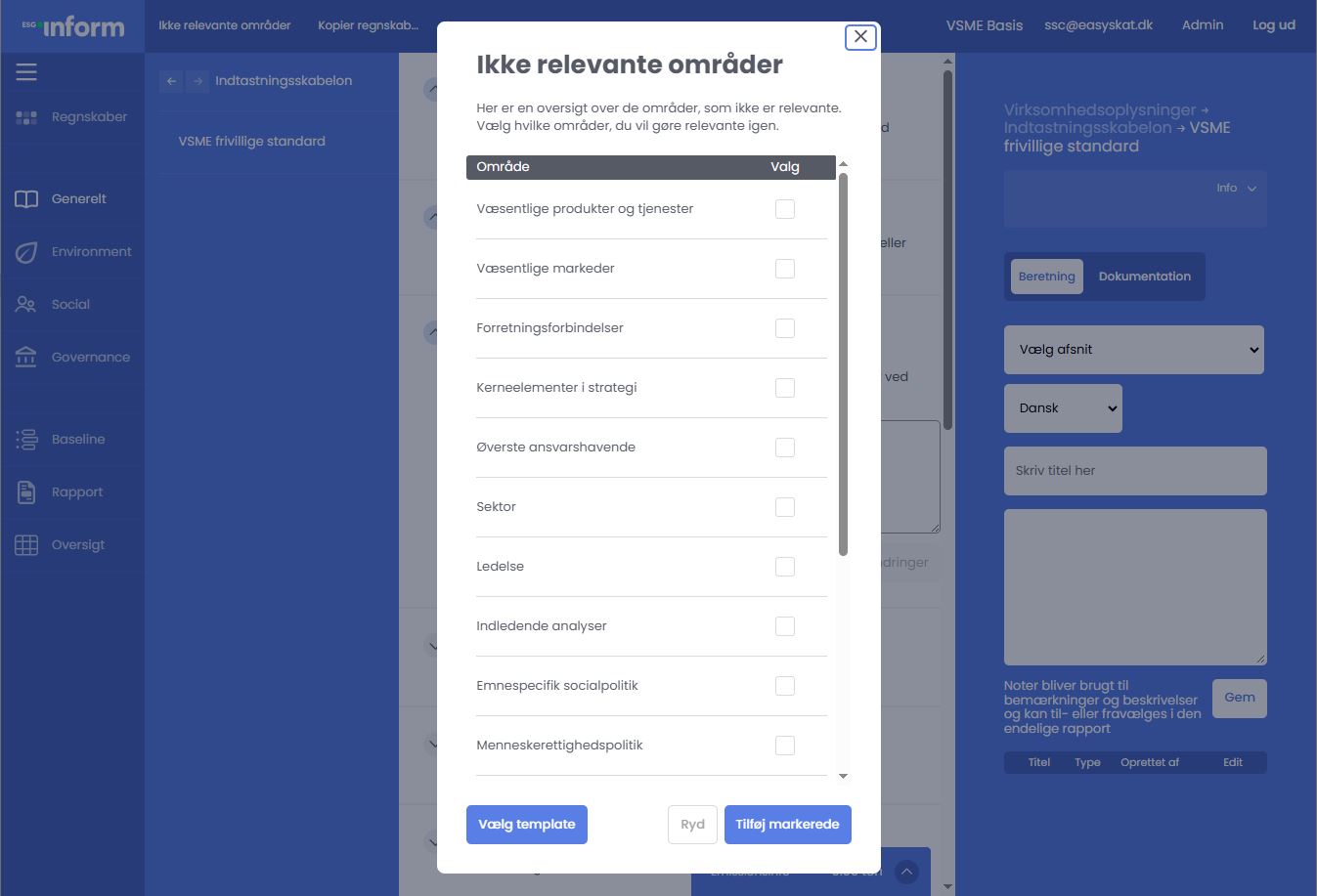 ESG-rapporteringsværktøj til VSME – intelligent VSME software med mulighed for at skjule irrelevante data